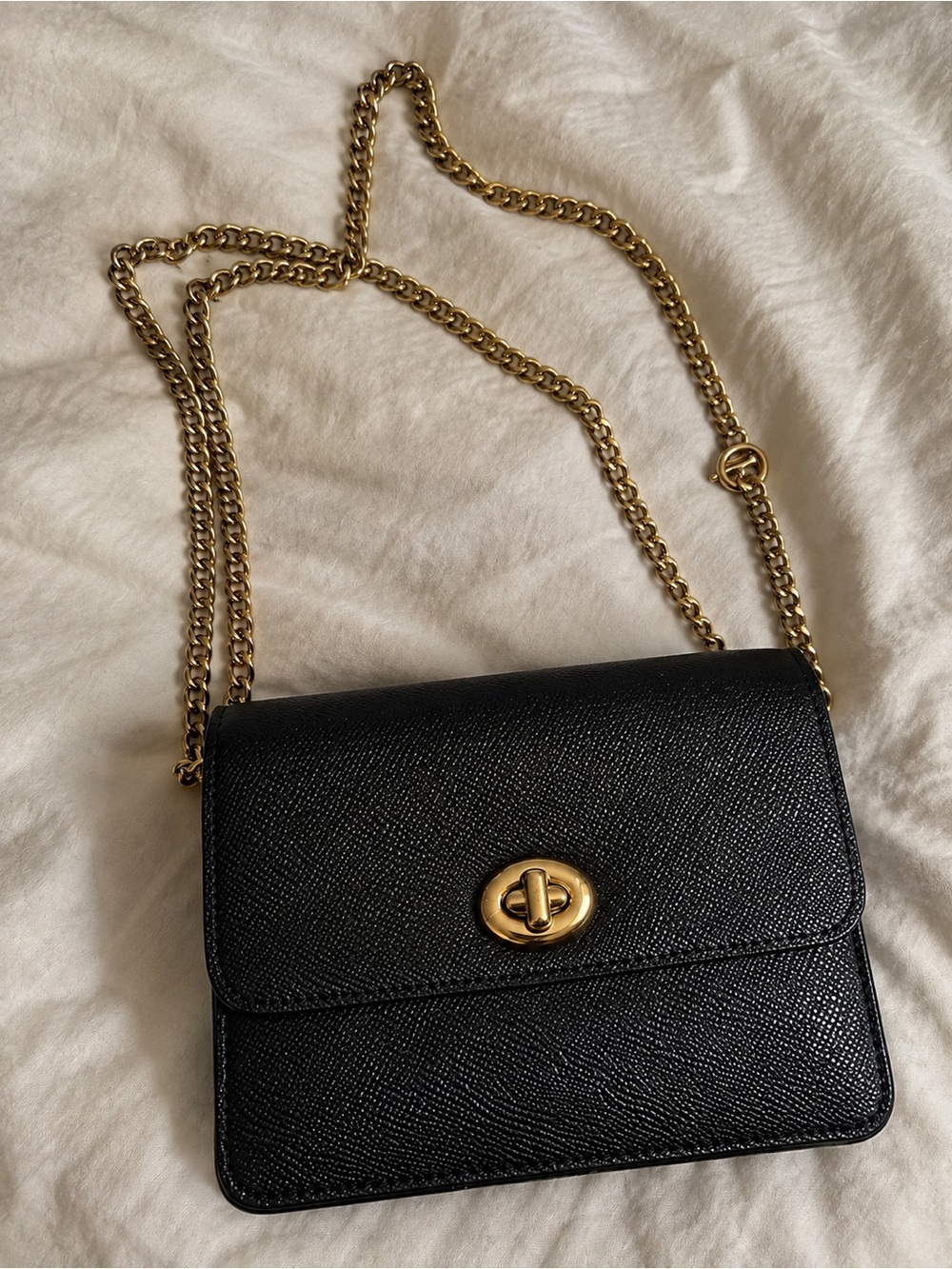 Coach Black Leather Mini Crossbody Shoulder Bag – Gold Chain